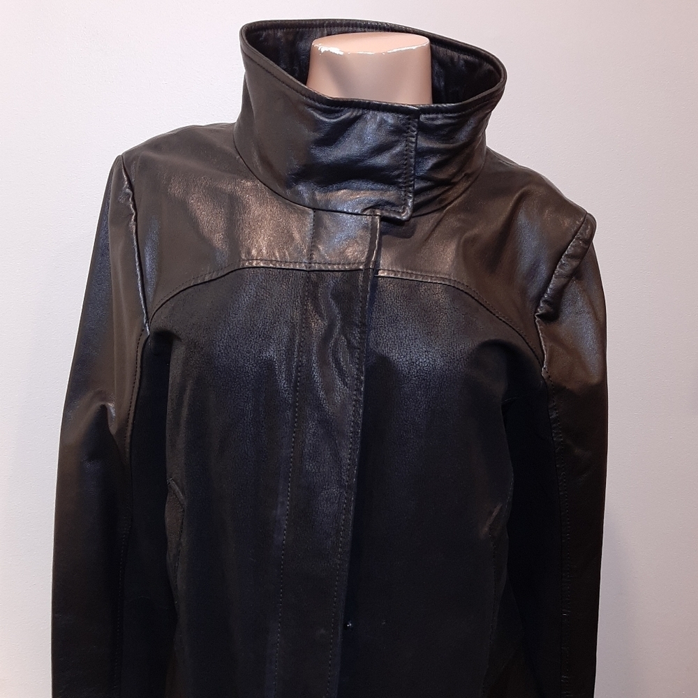 Blink By Danier Leather Jacket High Neck Mid Length Black Womens Size Large Coat - Picture 10 of 14